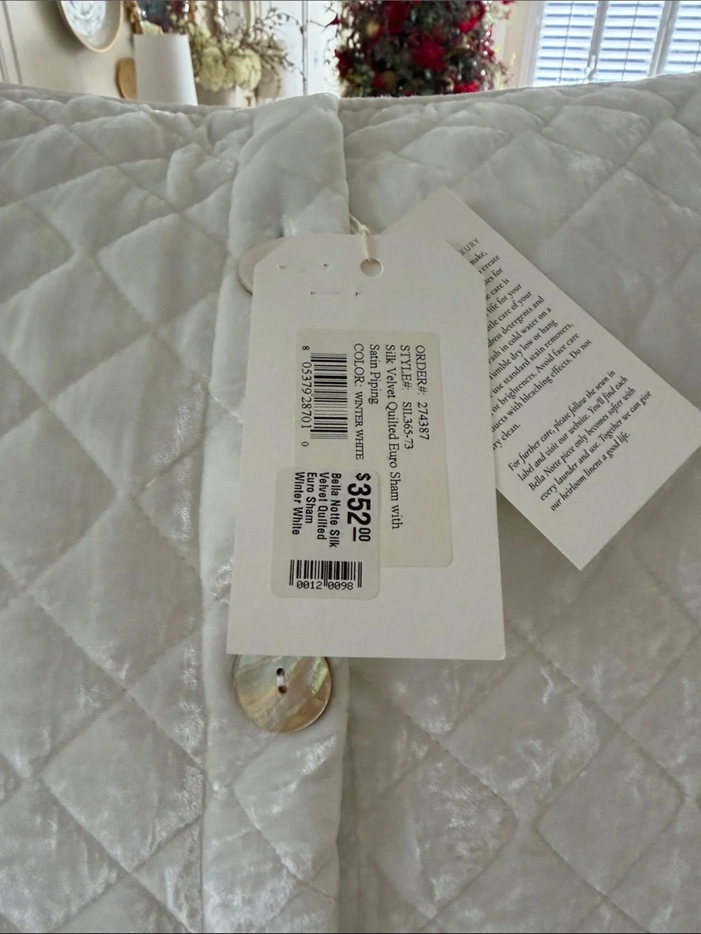 Bella Notte Quilted Silk Velvet Euro pillow shams with Button Down back.